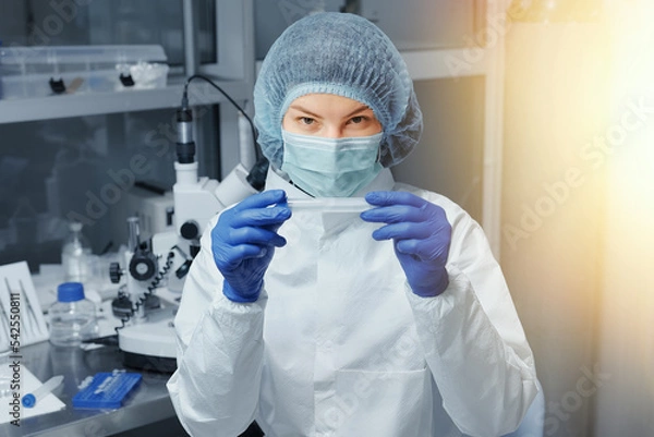 Obraz Medical worker or Scientist in a medical research laboratory holds a test tube. Biochemical analysis