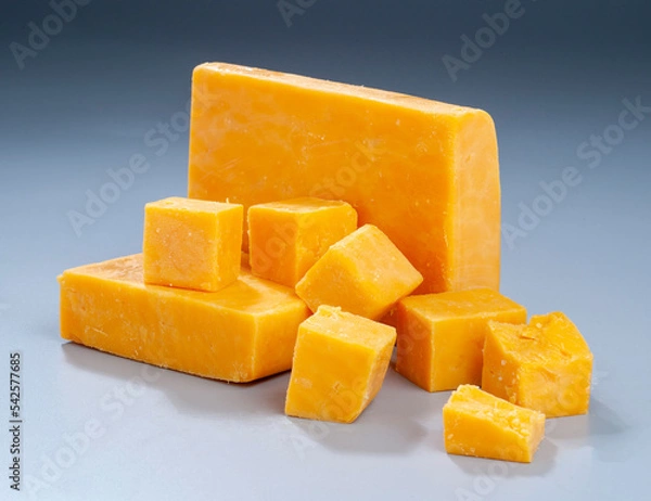Obraz Red Cheddar block and cubes on gradient background