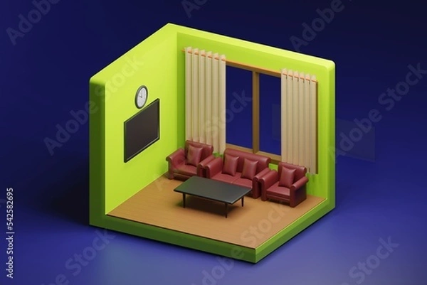 Fototapeta 3d illustration dimensional low poly living room high view design The room includes sofas, coffee tables, windows, curtains, clocks, frames and other furniture.