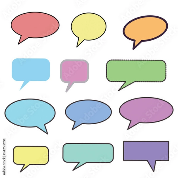 Fototapeta Set different dialog box, frame, speech balloon bubble colorful red violet yellow blue color in black line frame on grey background, Empty blank comment Talk chat speak message, Vector illustration 