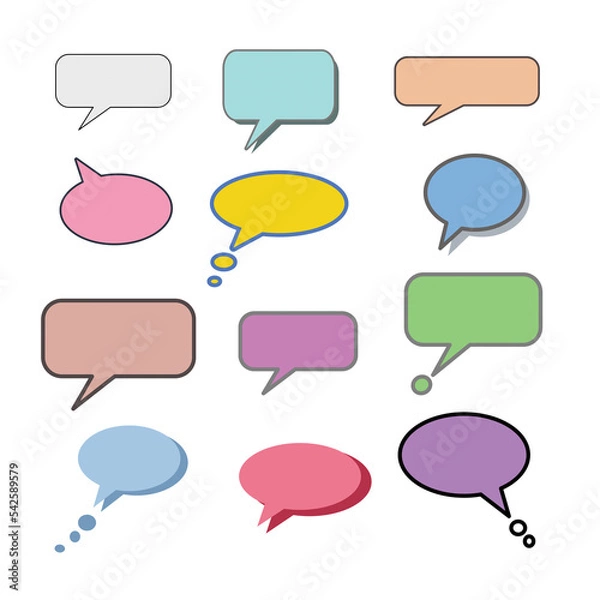 Fototapeta Set different dialog box, frame, speech balloon bubble colorful red violet yellow blue color in black line frame on grey background, Empty blank comment Talk chat speak message, illustration pop art 