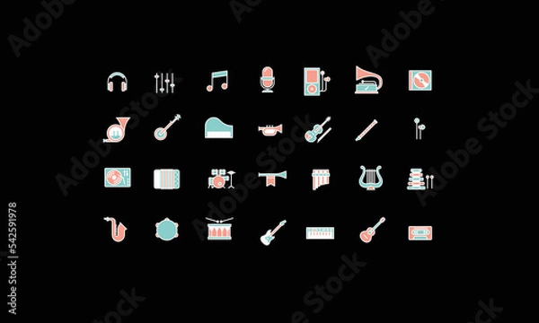 Obraz Music instruments icon set isolated on Black background.