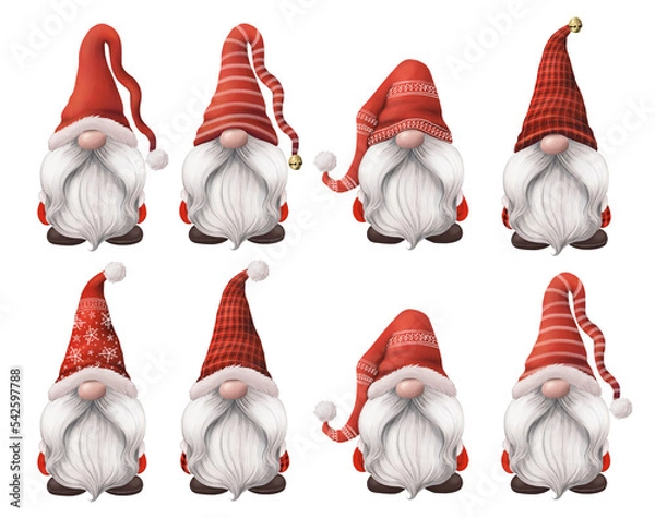 Obraz christmas gnomes in red  hats on transparent background. hand drawn illustration set