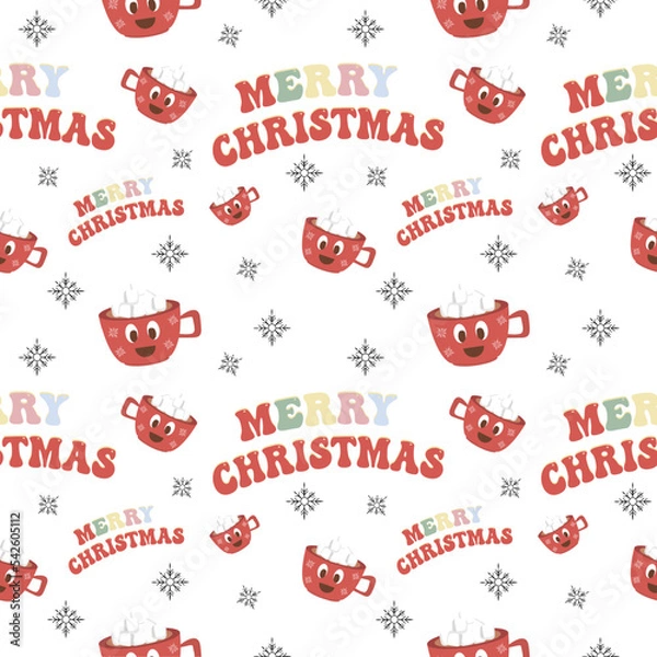 Fototapeta Christmas seamless vector pattern on a white background Christmas hot drink and lettering happy Christmas. Stylish retro pattern, suitable for wrapping paper, gifts, scrapbooking, web design.