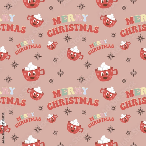 Fototapeta Christmas seamless vector pattern on brown background Christmas hot drink hot drink and lettering happy Christmas. Stylish retro pattern, suitable for wrapping paper, gifts, scrapbooking, web design