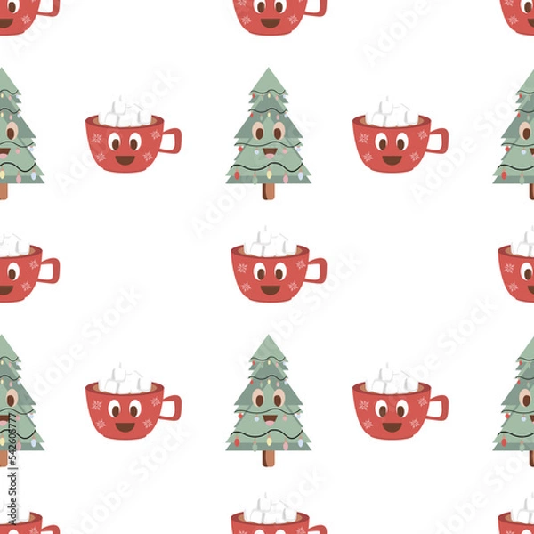 Fototapeta Christmas seamless vector pattern on white background Christmas hot drink and gingerbread Christmas. Stylish retro pattern, suitable for wrapping paper, gifts, scrapbooking, web design.