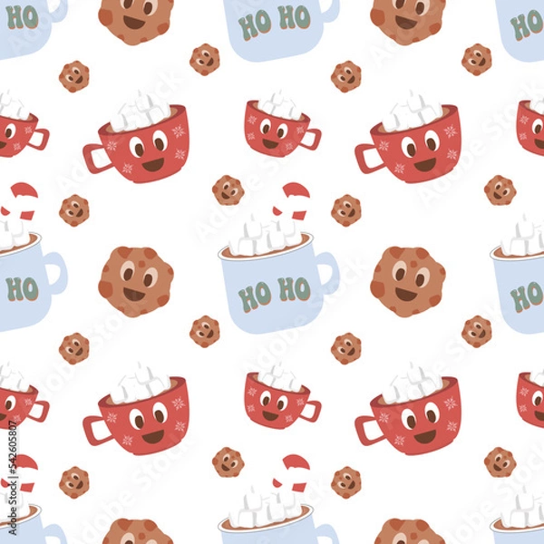 Fototapeta Christmas seamless vector pattern on white background Christmas hot drink and gingerbread Christmas. Stylish retro pattern, suitable for wrapping paper, gifts, scrapbooking, web design.