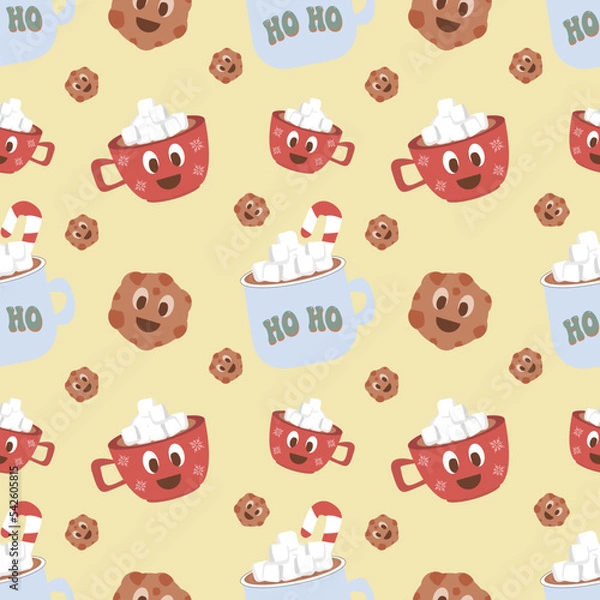 Fototapeta Christmas seamless vector pattern on yellow background Christmas hot drink and gingerbread Christmas. Stylish retro pattern, suitable for wrapping paper, gifts, scrapbooking, web design.