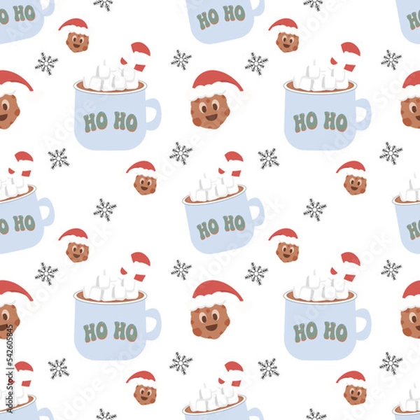Fototapeta Christmas seamless vector pattern on white background Christmas hot drink and gingerbread Christmas. Stylish retro pattern, suitable for wrapping paper, gifts, scrapbooking, web design.