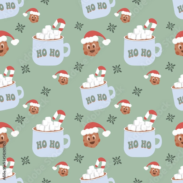 Fototapeta Christmas seamless vector pattern on a green background Christmas tree and gingerbread Christmas. Stylish retro pattern, suitable for wrapping paper, gifts, scrapbooking, web design.
