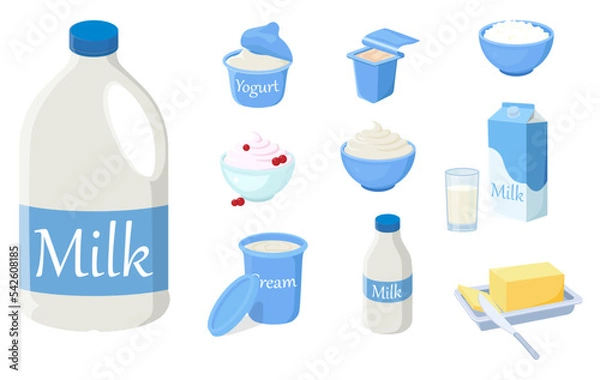 Fototapeta A set of fresh dairy products.Fresh milk,yoghurts,butter, sour cream,cream, ice cream .Illustrations in a hand-drawn style are isolated on a white background.