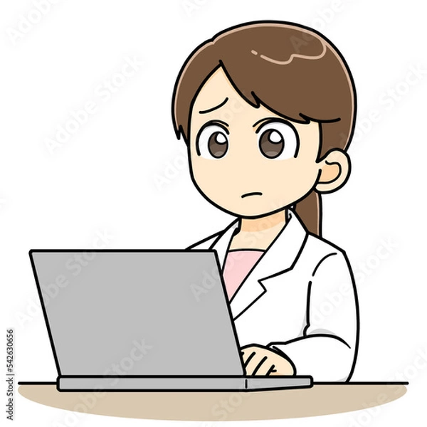 Fototapeta 困った顔でパソコンを打ち込む白衣の女性