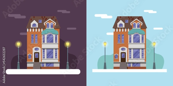 Fototapeta Buildings with flat design. Night and day set of abstract cities. Houses with lanterns, city and nature in the background.