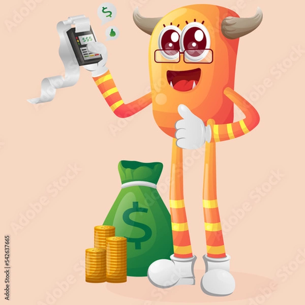 Obraz Cute orange monster make a payment