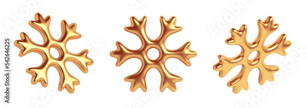 Fototapeta Set of gold snowflakes cartoon style on transparent background, 3d rendering illustration