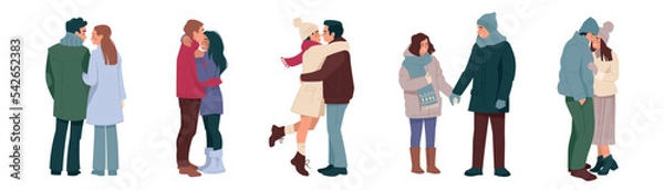 Obraz Hugging couples in winter clothes. A man and a woman in love, a happy family on a walk. Winter romance. Flat. Set of vector illustrations.
