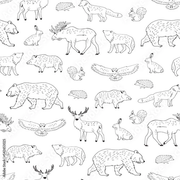 Fototapeta Forest animals vector line seamless pattern.