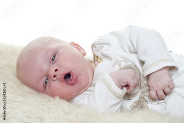 Fototapeta Baby on a sheepskin. Baby is three month old. Studiolight with white background