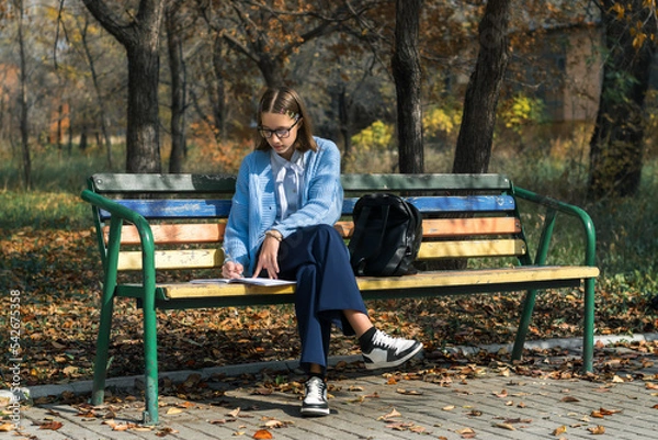 Fototapeta A teenager on a bench is doing homework on a sunny autumn day.