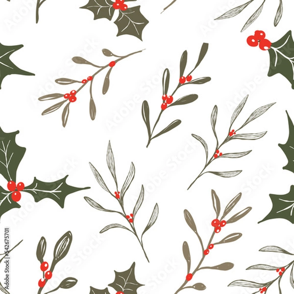 Obraz christmas pattern,branch, red berry 