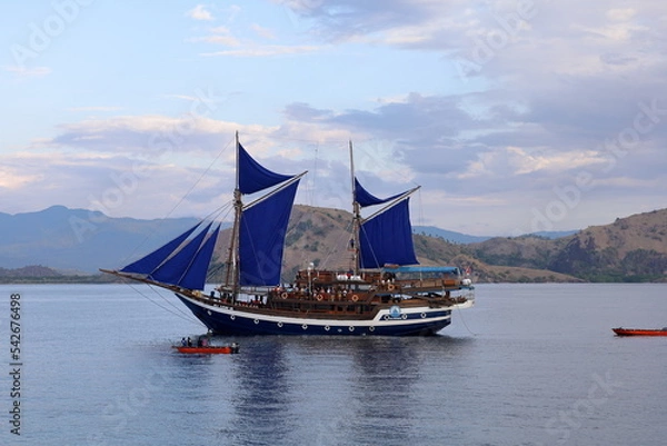 Obraz インドネシア、フローレス島の夕暮れの海に浮かぶ観光船。