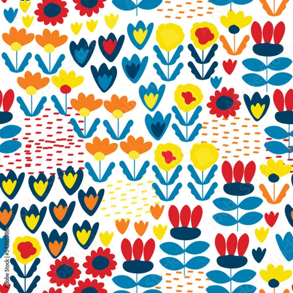 Fototapeta Abstract organic seamless pattern in scandinavian style, colorfu childish texture with cute flowers, vector