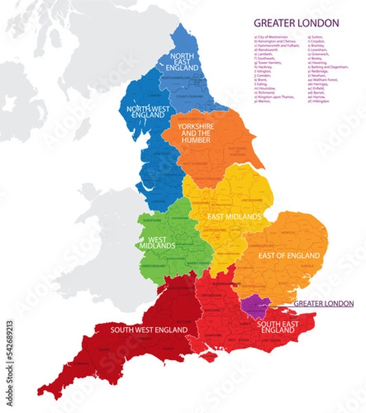 Obraz Map of the England with administrative divisions of the country into regions, detailed vector illustration