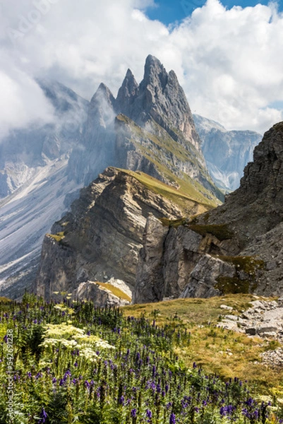 Fototapeta Clouds over mountain massif Odle in Dolomites