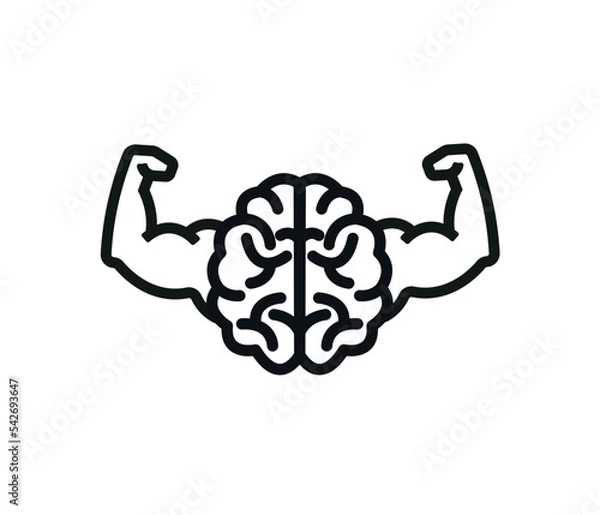 Fototapeta Power brain emblem, genius concept. Body strong arm with human anatomical brain vector design. vector.
