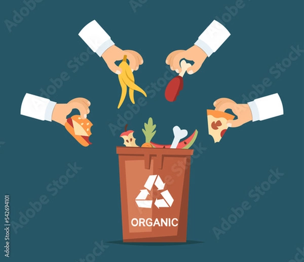 Fototapeta Organic trash bin with hands holding trash. Cartoon style vector illustration