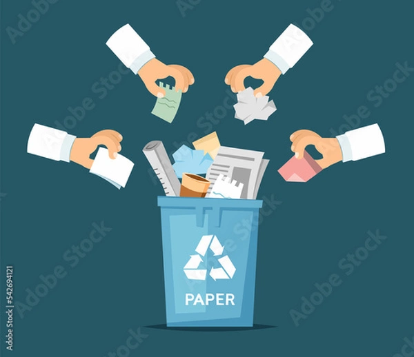 Fototapeta Paper trash bin with hands holding trash. Cartoon style vector illustration