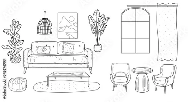 Fototapeta Sketches of furniture for the living room with wicker chairs, hand-drawn in the Art Nouveau and vintage style, boho monochrome with window. Vector illustration