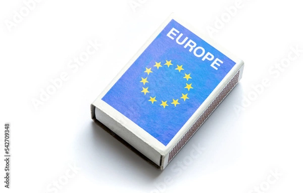 Fototapeta Simple pack of European Union produced matches, products made in EU, generic eu country product market label abstract concept, no people. Europe goods and supplies import and export, trade, nobody