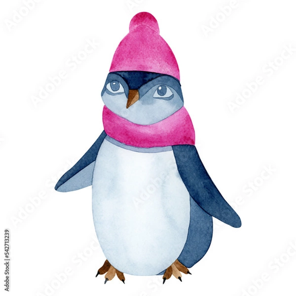Fototapeta A penguin with big eyes in a hat and scarf. Watercolor Christmas illustration, isolated on transparent background. For Christmas design, web design, postcard design.