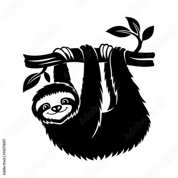 Fototapeta Cute animal sloth on a tree branch on a white background.