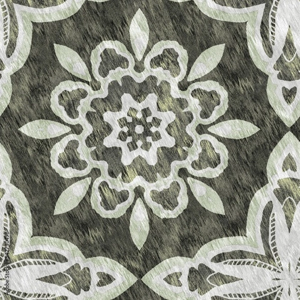 Fototapeta Mosaic geometric green seamless texture pattern. Trendy kaleidoscope woven design for printed fabric. Rough abstract textile design. 