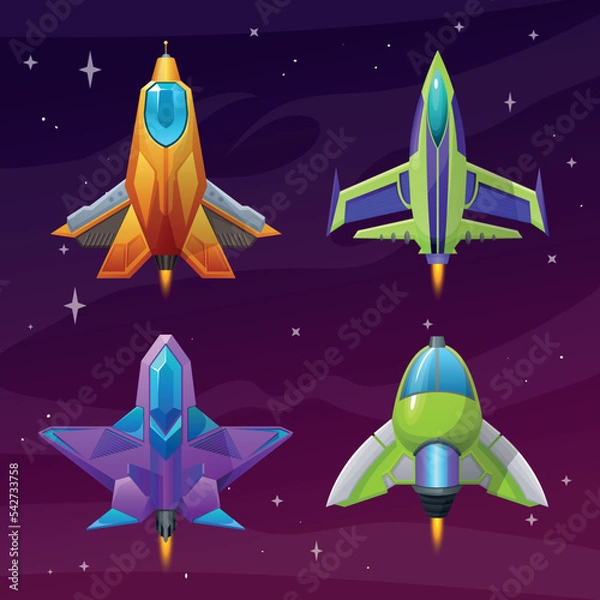 Obraz Set of vector cartoon space ships and rockets for arcade games, computer games, shooter games, futuristic alien spaceships for play supplies, ships of the future, jet powered ships 