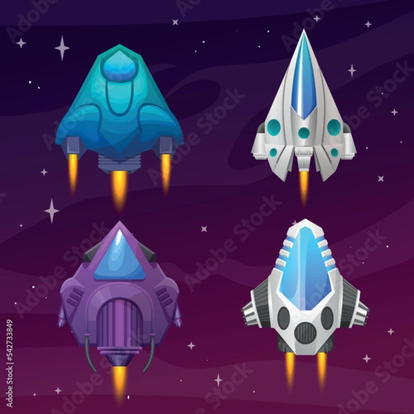 Fototapeta Set of cartoon space starships for various games, video game, poster, banners concept, Vector spacecraft rockets, space craft ships, fantasy vehicles with jet engine, spacecrafts from alien invaders, 