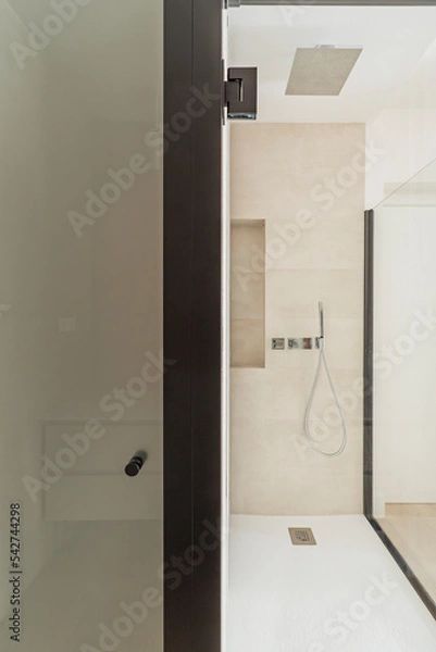 Fototapeta Minimalist design toilet with shower cabin with glass partition and toilet separated by a wall and glass door