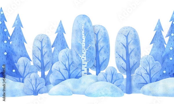 Fototapeta An endless illustration of the winter natural environment. Watercolor seasonal landscape. Seamless pattern of nature. Horizontal border with trees, shrubs in the snow. Isolated image of a forest park