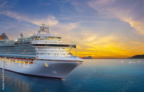 Obraz Luxury cruise ship sailing to port on sunrise 