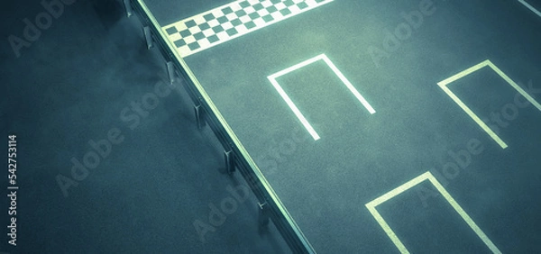 Fototapeta Lead position advantage - Rendering of blue green asphalt with white checkered starting line and first position illuminated