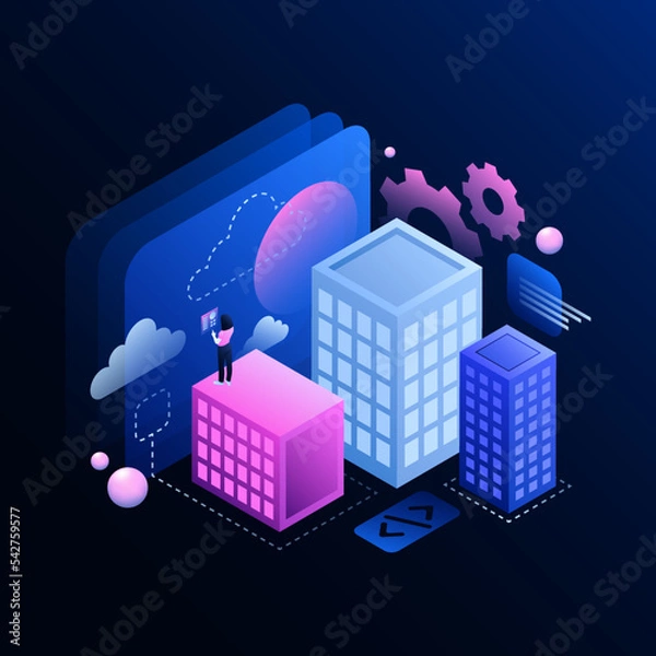 Fototapeta Metaworld Development Illustration. Three Colorful Buildings in the Metaverse. Vector illustration