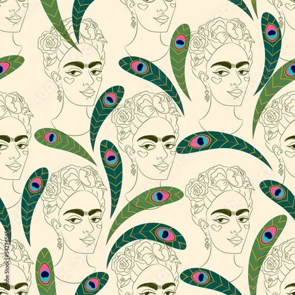 Obraz Beautiful woman with peacock feather vector seamless pattern