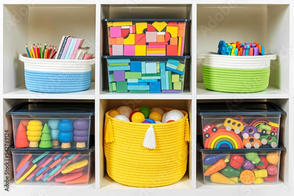 Fototapeta White shelving with rainbow wooden toys and colorful storage baskets and boxs. Interior design. Organizing and storage ideas in nursery.
