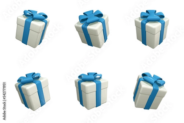 Fototapeta Set of white gift boxes with blue ribbon and bows. Isolated on a transparent background. 3d render