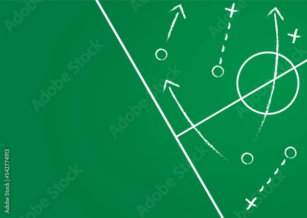Fototapeta Background of soccer team formation and tactic drawing on the football board
