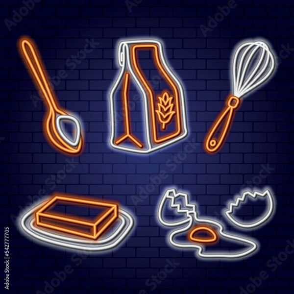 Fototapeta Neon set ingredients for making pancakes, pastries and desserts. Wheat flour, a spoonful of sugar, a whisk, butter and a broken egg