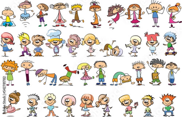 Fototapeta Happy children in summer park. Funny small kids play, run and jump. Set of elements in childish doodle style. Hand drawn illustration