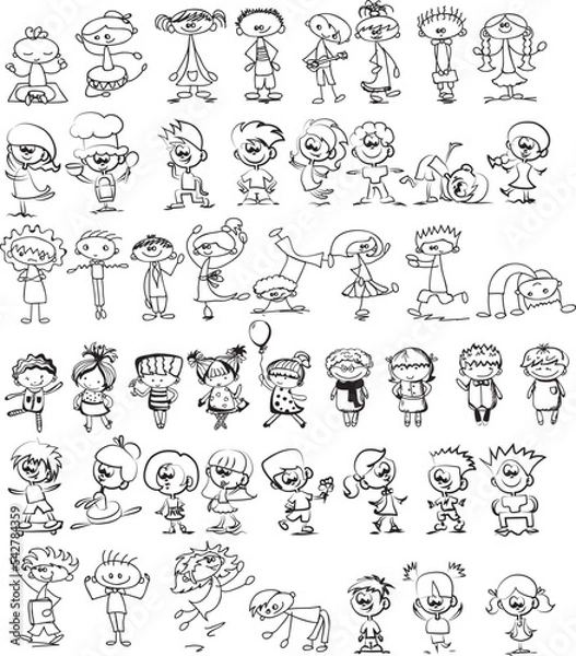 Obraz Happy children doodle set. Funny small kids play, run and jump. Set of elements in childish doodle style. Hand drawn illustration